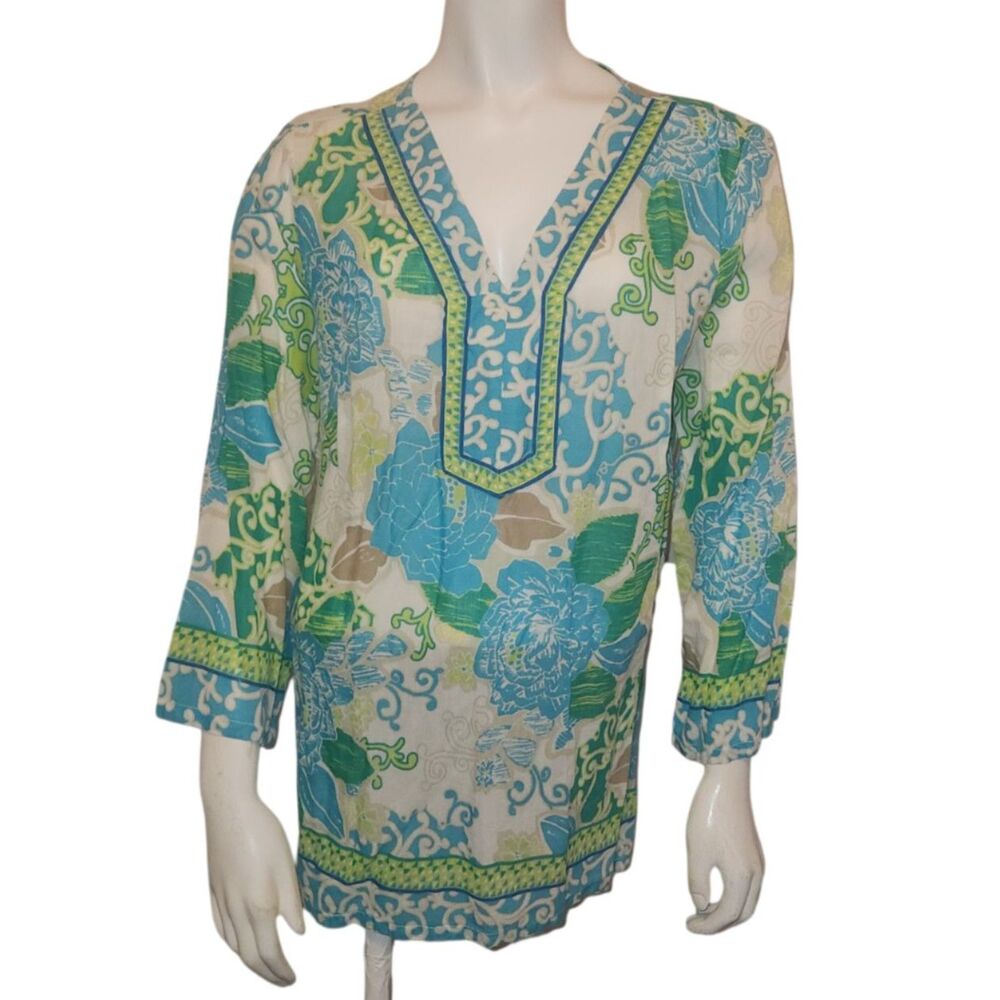 JM Collection Long Sleeve Blue Green White Floral Print Blouse Womens Size Large